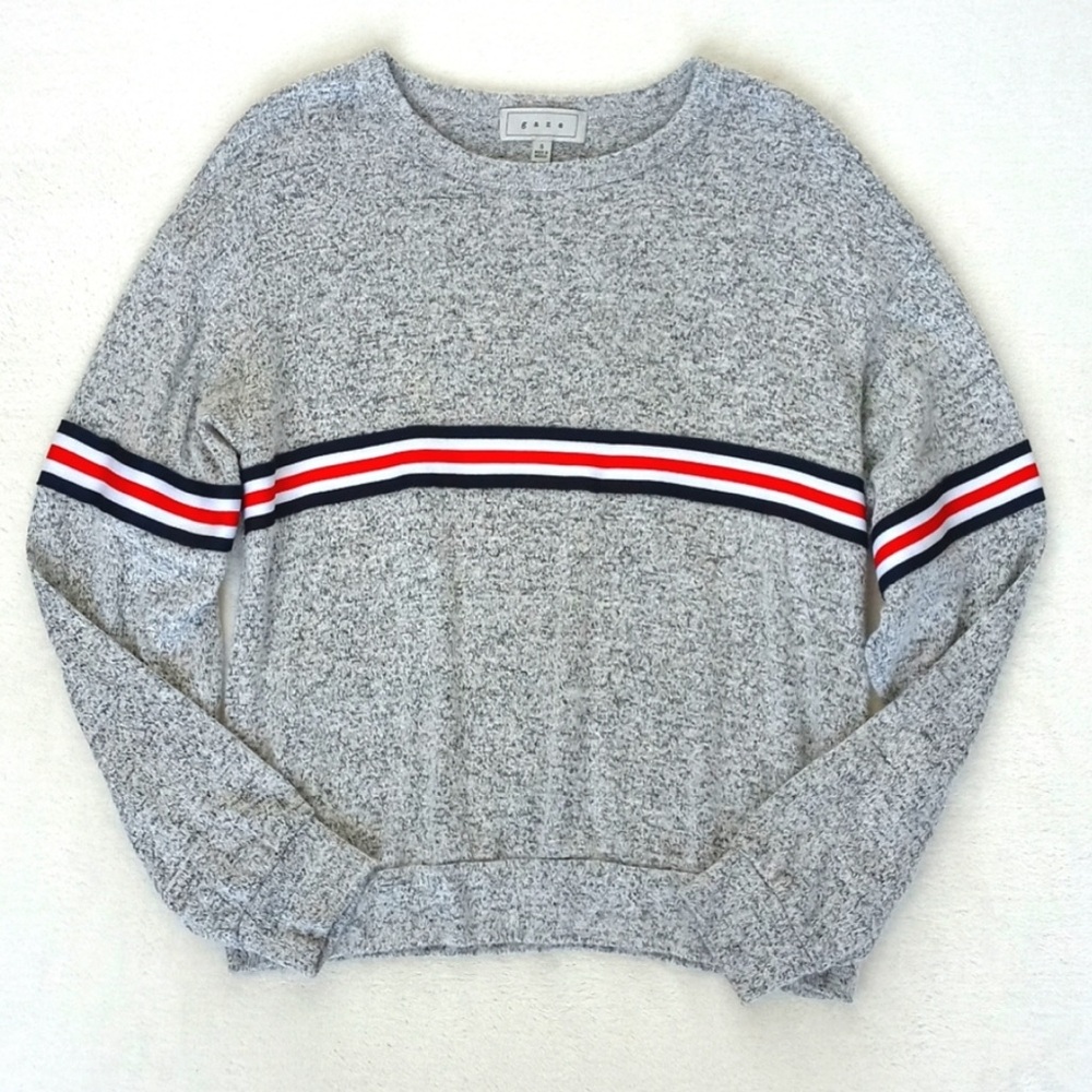 Gaze Women's Soft Grey w Red Blue & White Racer Stripes Long Sleeve Sweater S - Picture 3 of 10